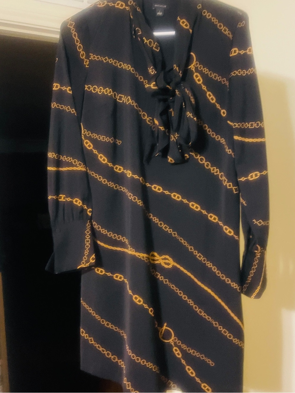 Ann Taylor Black Dress with Gold Chain Print and Tie Neck